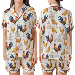 Countryside Living Rooster & Hen Watercolor Pattern: Vibrant Woven Cages Design - Loungewear Item Satin Short-Sleeve Pajamas Set