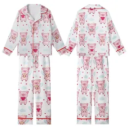 Whimsical Dreamer's Pastel Piglets Flying, Donut Munching, Sleeping & Heart Pattern Fashion Garment Kid Satin Pajamas Set
