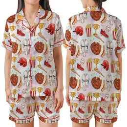 Baseball Fan Hand-Painted Watercolor Game Day Pattern: Gloves, Bats, Helmets, Trophies, Popcorn & Hotdogs Design Satin Short-Sleeve Pajamas Set