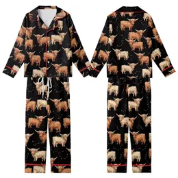 Highland Cow Christmas: Shaggy Watercolor Cows, Multi-Color Lights, Black Background - Festive Wearable Kid Satin Pajamas Set