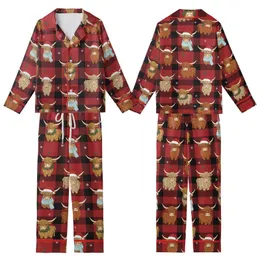 Festive Highland Cow Lovers: Buffalo Plaid Winter Scene with Santa Hats & Holly Holiday Fabric Print Kid Satin Pajamas Set