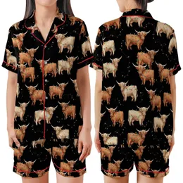 Highland Cow Christmas: Shaggy Watercolor Cows, Multi-Color Lights, Black Background - Festive Wearable Satin Short-Sleeve Pajamas Set