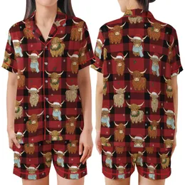 Festive Highland Cow Lovers: Buffalo Plaid Winter Scene with Santa Hats & Holly Holiday Fabric Print Satin Short-Sleeve Pajamas Set