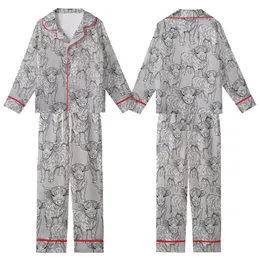 Highland Calf Lovers' Black & White Fluffy Calves All-Over Pattern - Serene Line Art Wearable Kid Satin Pajamas Set