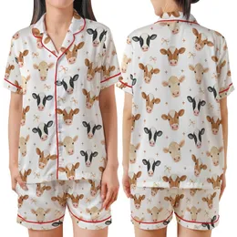 Women's Charming Watercolor Cow Heads, Tan Bows & Burnt Orange Plus Signs Seamless Rustic Satin Short-Sleeve Pajamas Set