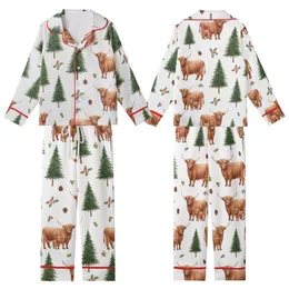 Highland Cow Lover's: Whimsical Watercolor Pine Forest Pattern with Red Holly Berries Kid Satin Pajamas Set