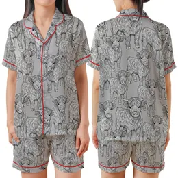 Highland Calf Lovers' Black & White Fluffy Calves All-Over Pattern - Serene Line Art Wearable Satin Short-Sleeve Pajamas Set