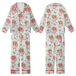 Women's Whimsical Dusty Rose Watercolor Highland Cows with Cowboy Hats & Red Heart Sunglasses, Mint Green Gingham Plaid Kid Satin Pajamas Set