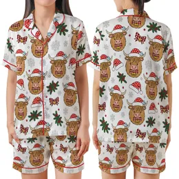 Whimsical Highland Cow Christmas Design: Festive Santa Hats, Bells & Snowflakes Satin Short-Sleeve Pajamas Set