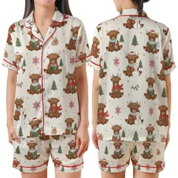 Highland Cow Lover's Cozy Winter Pattern: Whimsical Cows, Snowmen & Gingerbread Fun Satin Short-Sleeve Pajamas Set