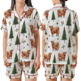 Highland Cow Lover's: Whimsical Watercolor Pine Forest Pattern with Red Holly Berries Satin Short-Sleeve Pajamas Set