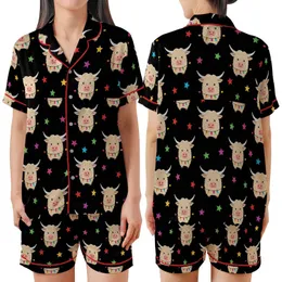 Highland Cow Lover: Whimsical Fluffy Cow Christmas Lights Multi-Color Stars Black Sweater Satin Short-Sleeve Pajamas Set