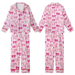 Women's Charming Fuchsia Rose Pink Bows & Ribbons Garment - Pale Pink, Striped & Solid Kid Satin Pajamas Set