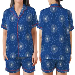 Dandelion Spirit: Flowing White Seeds Delicate Heads Royal Blue Wearable Design Satin Short-Sleeve Pajamas Set