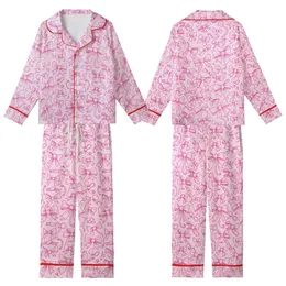 Charming Fashion: Hand-Drawn Fuchsia Bow & Ribbon Pattern - Pastel Pink Wearable Print Kid Satin Pajamas Set