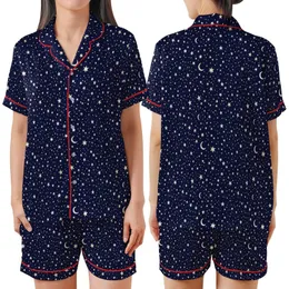 Stargazer's: Scattered White Celestial Pattern Deep Midnight Blue Wearable Satin Short-Sleeve Pajamas Set