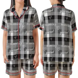 Cozy Rustic Plaid: Black White Gray Good Morning Heart Script Lumberjack Style Satin Short-Sleeve Pajamas Set