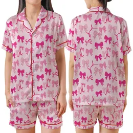 Women's Charming Fuchsia Rose Pink Bows & Ribbons Garment - Pale Pink, Striped & Solid Satin Short-Sleeve Pajamas Set