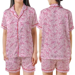 Charming Fashion: Hand-Drawn Fuchsia Bow & Ribbon Pattern - Pastel Pink Wearable Print Satin Short-Sleeve Pajamas Set