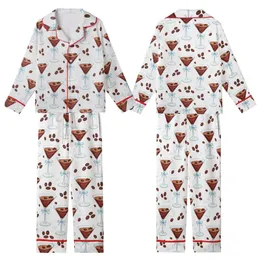 Martini Enthusiast: Elegant Watercolor Reddish-Brown Martini Glass with Dark Coffee Beans & Light Blue Ribbon Pattern Kid Satin Pajamas Set