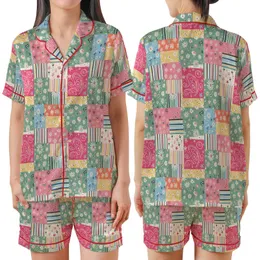 Nostalgic Dreamer's: Pastel Patchwork Wildflower Paisley Design - Unique All-Over Print Satin Short-Sleeve Pajamas Set