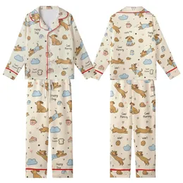 Cozy Canine Whimsy: Playful Cartoon Dogs & Comfort Food Pattern with Cream & Sky Blue Kid Satin Pajamas Set