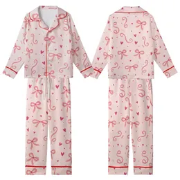 Feminine Whimsical Pastel Pink Ribbons & Bows Design with Fuchsia Hearts Kid Satin Pajamas Set