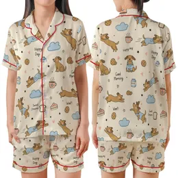 Cozy Canine Whimsy: Playful Cartoon Dogs & Comfort Food Pattern with Cream & Sky Blue Satin Short-Sleeve Pajamas Set