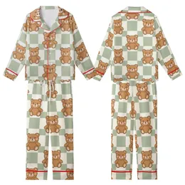 Cozy Comfort: Cute Cartoon Teddy Bears Light Sage Gingham Pattern Loungewear Kid Satin Pajamas Set