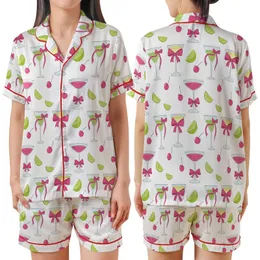Cocktail Lover's Whimsical Pink Bowed Martini, Margarita & Lime Pattern Satin Short-Sleeve Pajamas Set