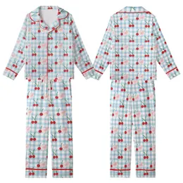 Sweetheart's Light Blue Gingham Red Cherry Pink Blossom Lifestyle Piece Kid Satin Pajamas Set