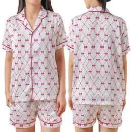 Sweet Elegance Pink Bow Diamond Lattice Magenta Dot Fashion Statement Satin Short-Sleeve Pajamas Set