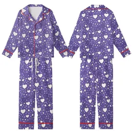 Playful Heart's Medium Purple Scattered White & Outline Hearts, Stars, & Dots Pattern Loungewear Kid Satin Pajamas Set