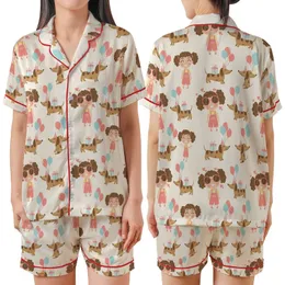 Dachshund Lover's Winking Cartoon Girl & Party Dogs Customizable Item Satin Short-Sleeve Pajamas Set