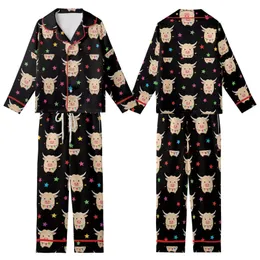 Highland Cow Lover: Whimsical Fluffy Cow Christmas Lights Multi-Color Stars Black Sweater Kid Satin Pajamas Set