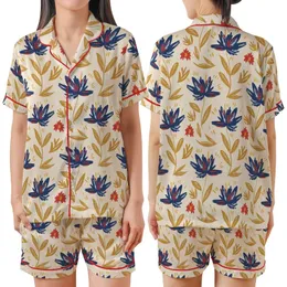 Artistic Spirit: Indigo Floral Botanical Art on Creamy Beige Painterly Motif Satin Short-Sleeve Pajamas Set