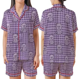 Whimsical Bear Fan: Lavender Geometric Houndstooth Violet Sitting Bear Design Satin Short-Sleeve Pajamas Set