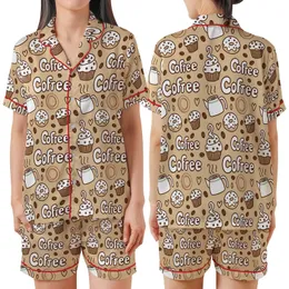 Coffee Lover's Whimsical Cafe & Sweet Treats Pattern Cozy Loungewear Satin Short-Sleeve Pajamas Set