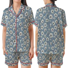 Nature-Inspired Delicate White Floral Pattern on Muted Blue-Grey Wearable Satin Short-Sleeve Pajamas Set