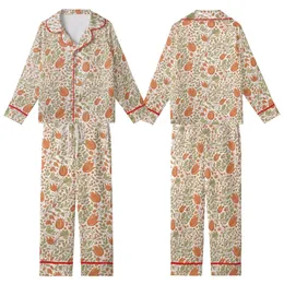 Hand-Drawn Vintage Botanical Foliage Blooms: Rusty Orange Sage Green Tulip Design Kid Satin Pajamas Set