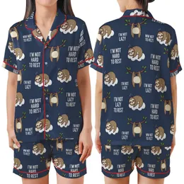 Sloth Lover's Cute Flat Navy Sloth Pattern with 'Work Hard To Rest' Message Loungewear Satin Short-Sleeve Pajamas Set