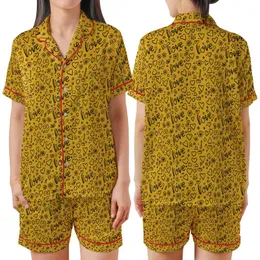 Whimsical Soul's Yellow Hand-Drawn Love Script, Scattered Outline Hearts, Flowers, Stars Piece Satin Short-Sleeve Pajamas Set