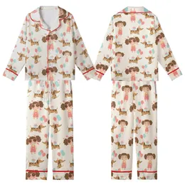 Dachshund Lover's Winking Cartoon Girl & Party Dogs Customizable Item Kid Satin Pajamas Set