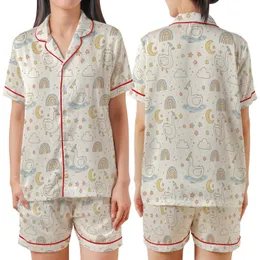 Whimsical Dreamer's Goose & Moon Cloud Play Pattern - Cozy Textile Item Satin Short-Sleeve Pajamas Set