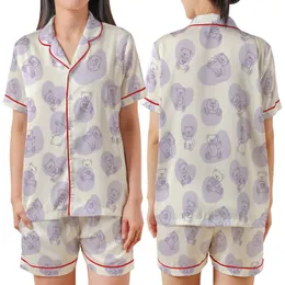 Dreamy Lavender Bears: Soft-Edged Amorphous Pastel Pattern with Outline Teddies - Creamy Off-White Comfort Piece Satin Short-Sleeve Pajamas Set