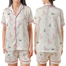 Celebration Ready: Whimsical Pink Ribbon, Mint Martini & Champagne Bubbles Design Satin Short-Sleeve Pajamas Set