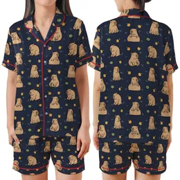 Capybara Lover: Playful Cartoon Capybara Towers & Floating Friends on Dark Navy with Fruits & Lily Pads Wearable Design Satin Short-Sleeve Pajamas Set