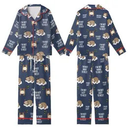 Sloth Lover's Cute Flat Navy Sloth Pattern with 'Work Hard To Rest' Message Loungewear Kid Satin Pajamas Set