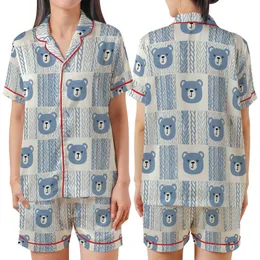 Cozy Comfort Lover's Dusty Blue & Cream Bear Faces with Cable Knit Accents Satin Short-Sleeve Pajamas Set