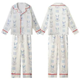 Cozy Aesthetic: Baby Blue Rabbit Cable Knit & Polka Dot Design Kid Satin Pajamas Set